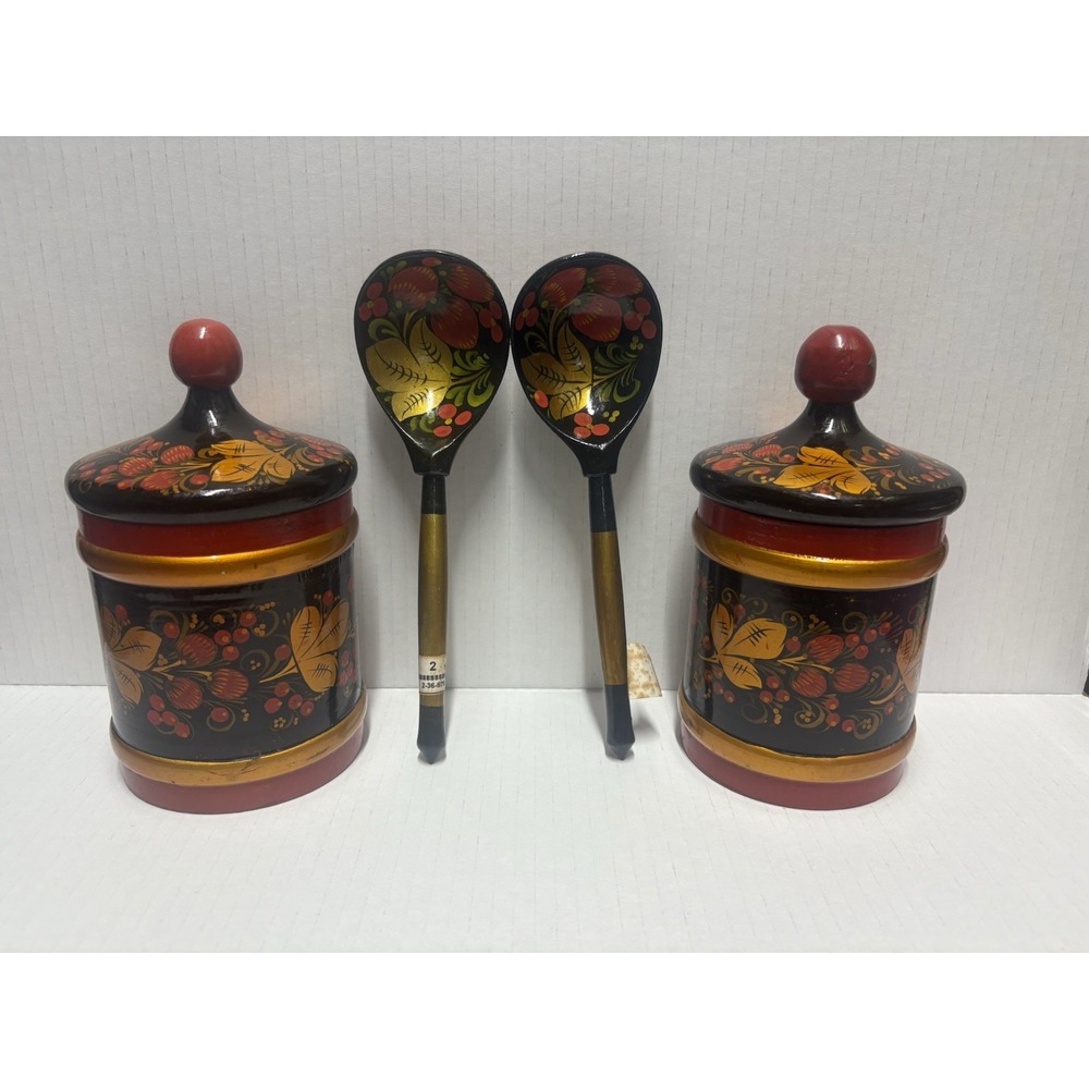 Vintage Russian Khokhloma Jar 6.5 in tall Lidded Wood Lacquer plus 2 spoons